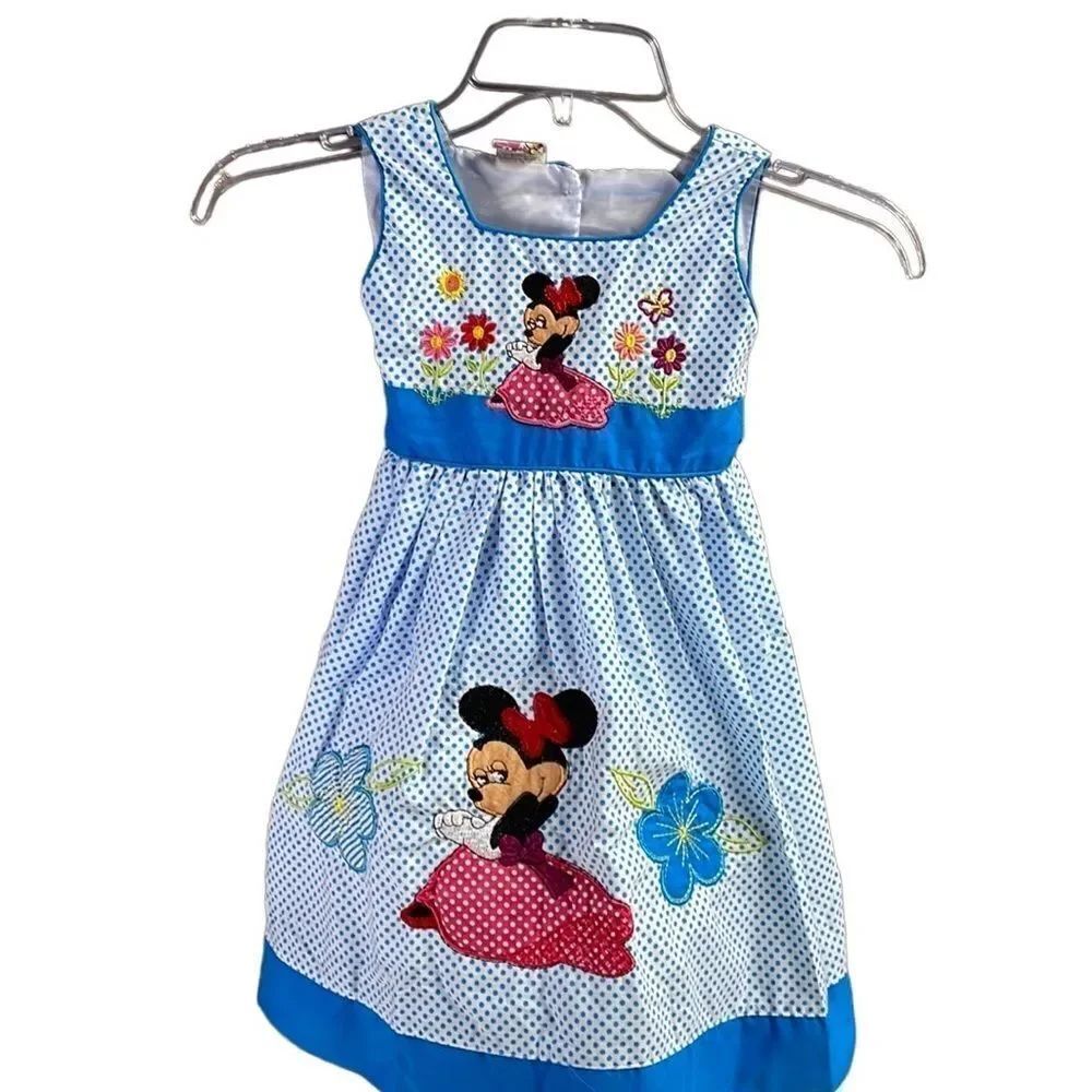 HERMANITOS MENA Girls Polka Dot Embroidered Minnie Mouse Sleeveless Dress SZ 4
